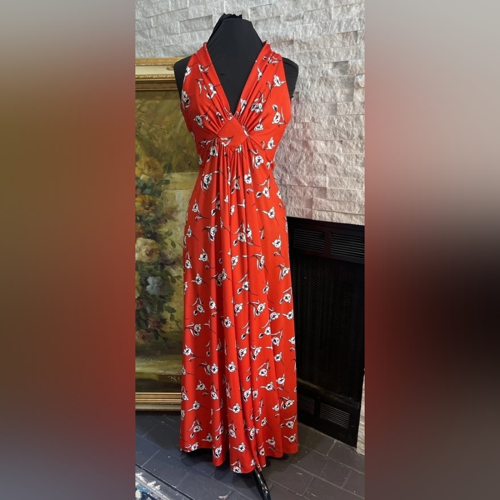 Elegant Red Floral Halter Dress